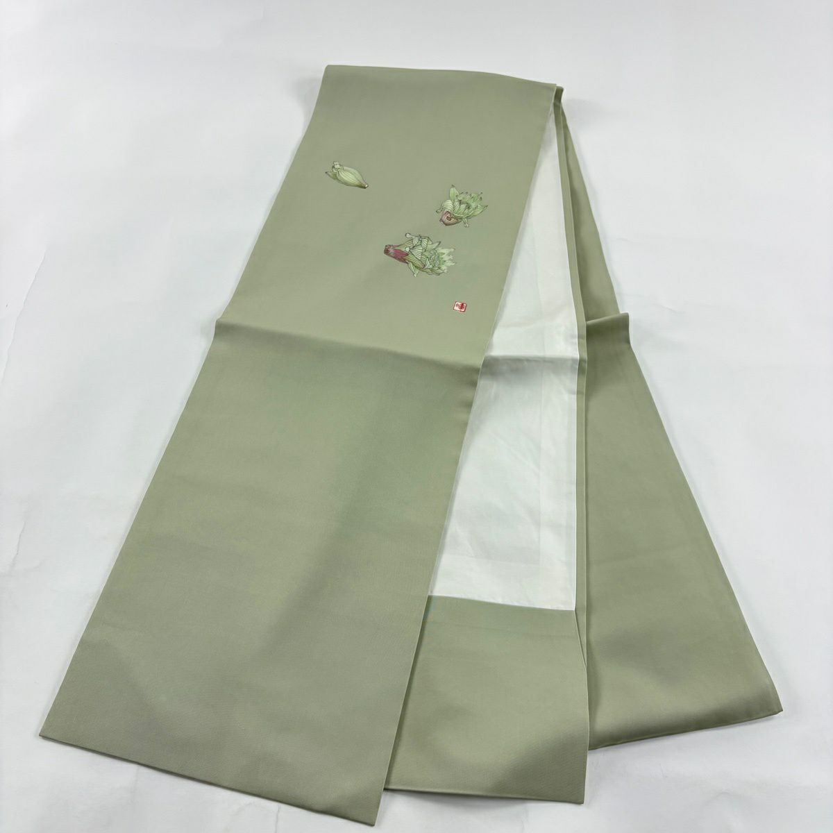 【美品】 開口名古屋帶 優品級 有落款 鈴乃屋 蕗之薹 灰綠 純蠶絲