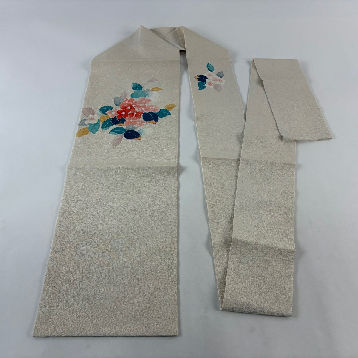 【美品】 名古屋帶 秀品級 草花紋紋 縮緬 淺米色 純蠶絲