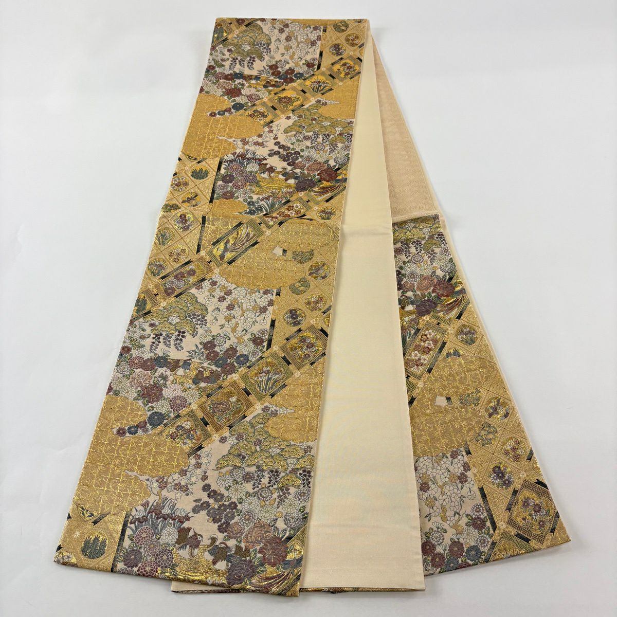【美品】 袋帶 秀品級 松樹梅花 鴛鴦 金絲 金金箔 金 六通 純蠶絲