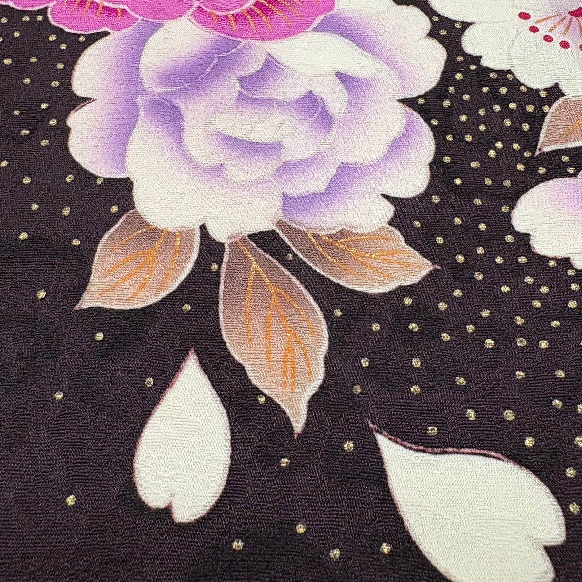 振袖禮服 身長170cm 袖長68cm L 雙層 薔薇 草花紋紋 刺繡 金金箔 濃紫 純蠶絲 名品級