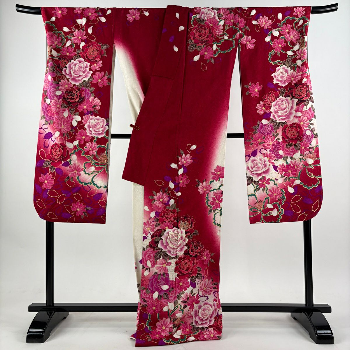 振袖禮服 身長177.5cm 袖長73.5cm L 雙層 草花紋紋 花瓣 銀通刺繡 紅 純蠶絲 逸品級