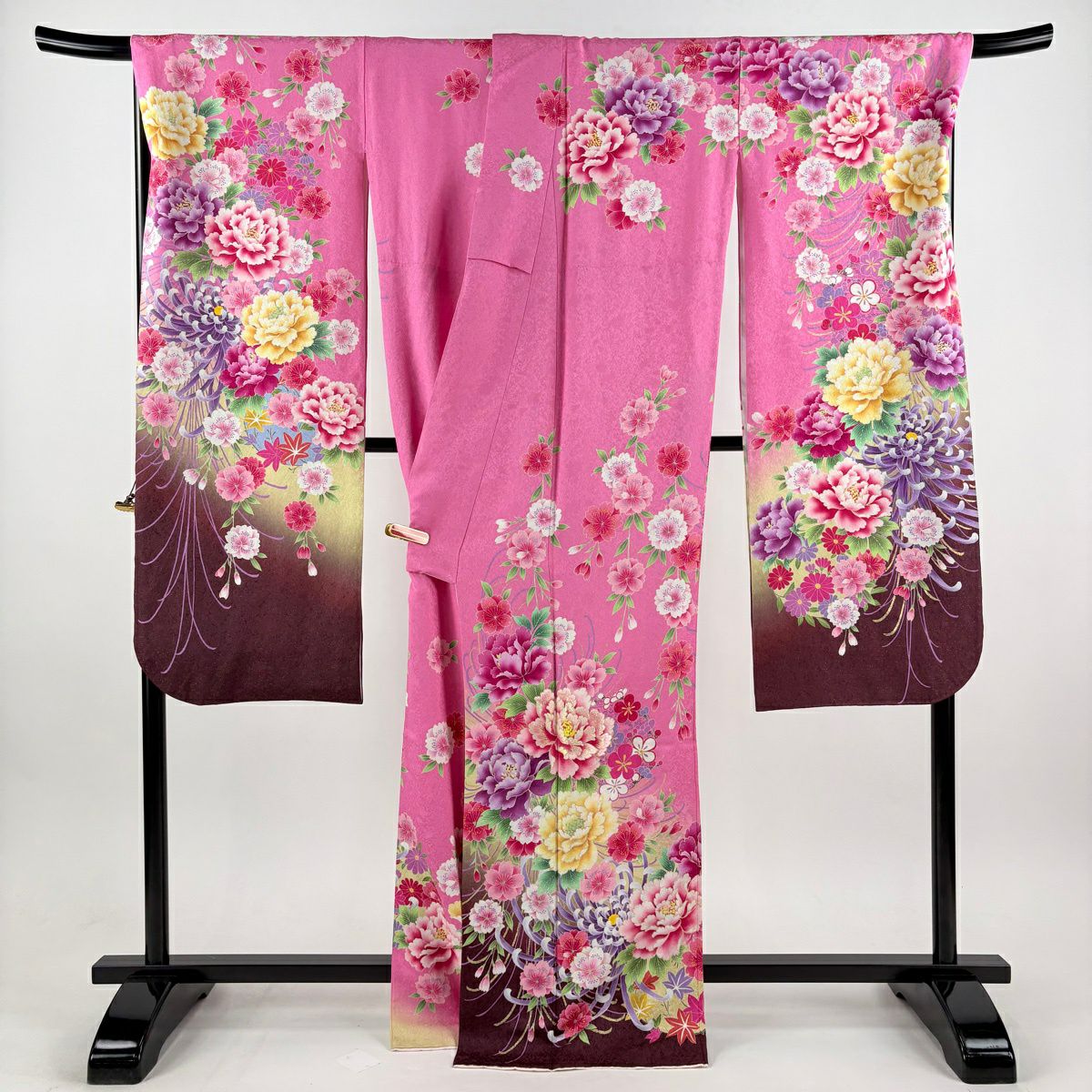 【美品】振袖禮服 身長168cm 袖長75cm L 雙層 草花紋紋 垂枝櫻 金銀彩 刺繡 粉紅 純蠶絲 逸品級