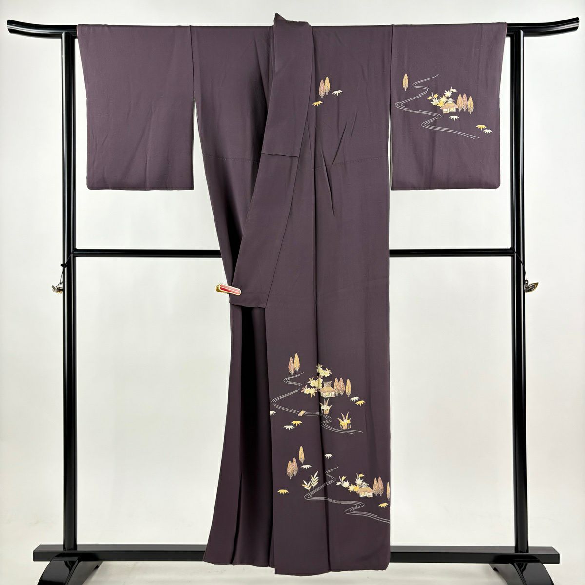 付下 身長154.5cm 袖長64.5cm M 雙層 精染居 上野街子 落款あり 家屋 樹木 紫 純蠶絲 逸品級