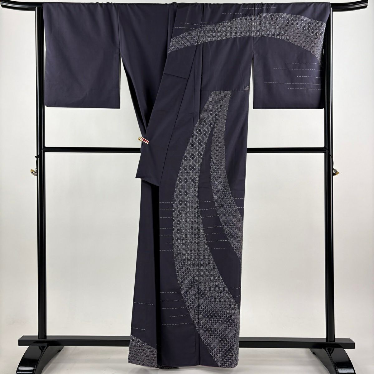 訪問服 身長161.5cm 袖長66.5cm M 雙層 紬織織 麻葉紋 青海波 刺繡 濃紫 純蠶絲 逸品級