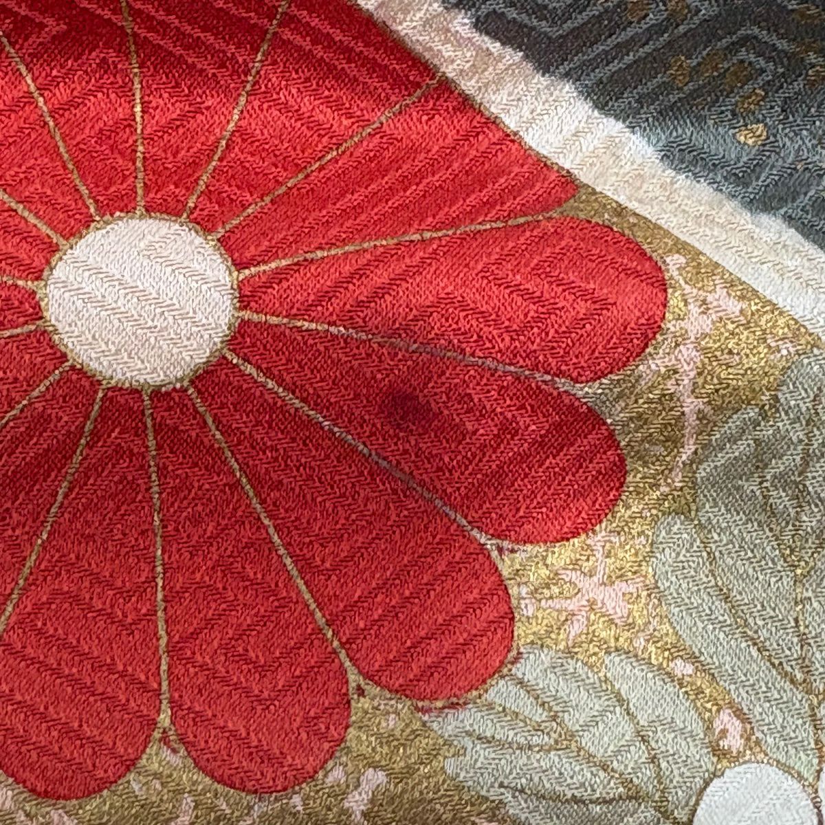 振袖禮服 身長163cm 袖長65cm M 雙層 菊花 流水 金絲 金銀彩 紅 純蠶絲 名品級