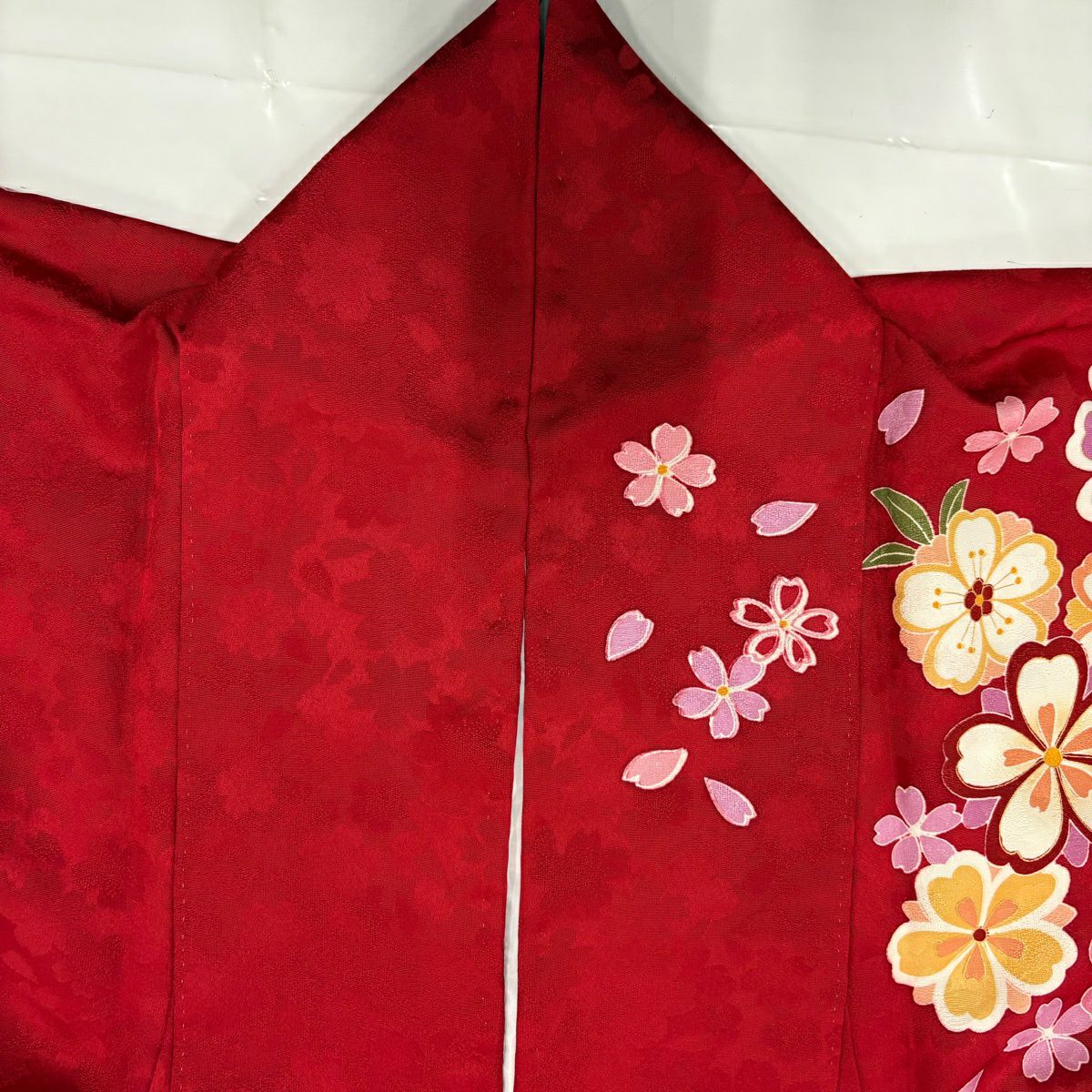 【美品】振袖禮服 身長163cm 袖長67.5cm L 雙層櫻花瓣金絲金銀彩紅純蠶絲名品級