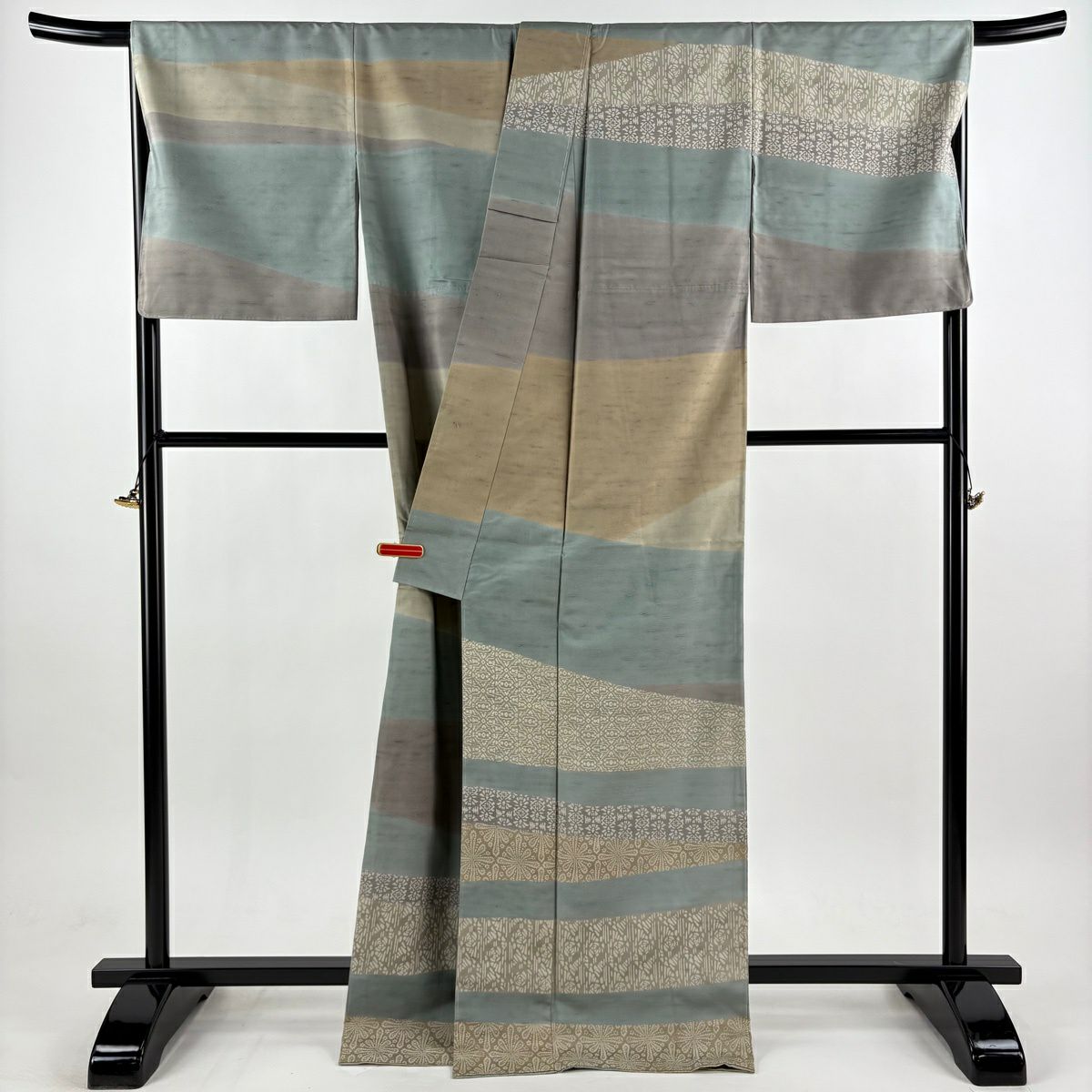 【美品】訪問服 身長169.5cm 袖長69.5cm L 雙層 牛首紬織織地 落款あり 縞 幾何學圖案 灰綠 純蠶絲 逸品級