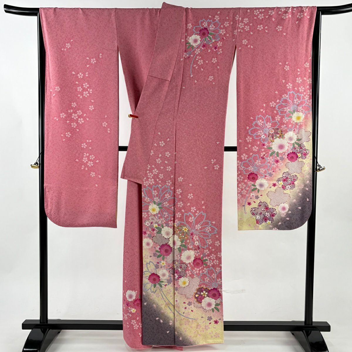 振袖禮服 身長159cm 袖長70cm L 雙層櫻花球銀通金金箔粉紅純蠶絲逸品級