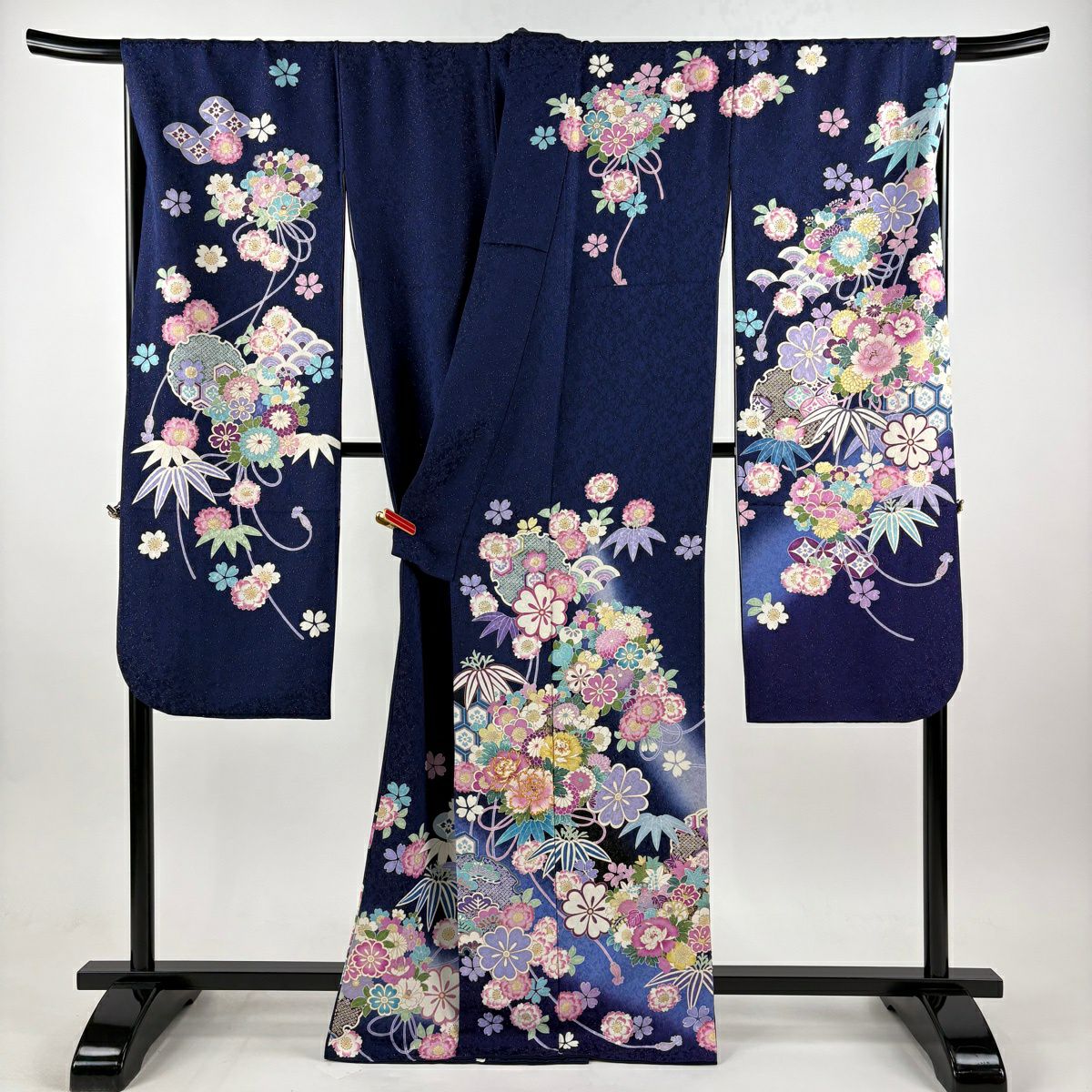 振袖禮服 身長166cm 袖長70cm L 雙層 雪輪 牡丹 金糸 金通し 深藍 純蠶絲 逸品級