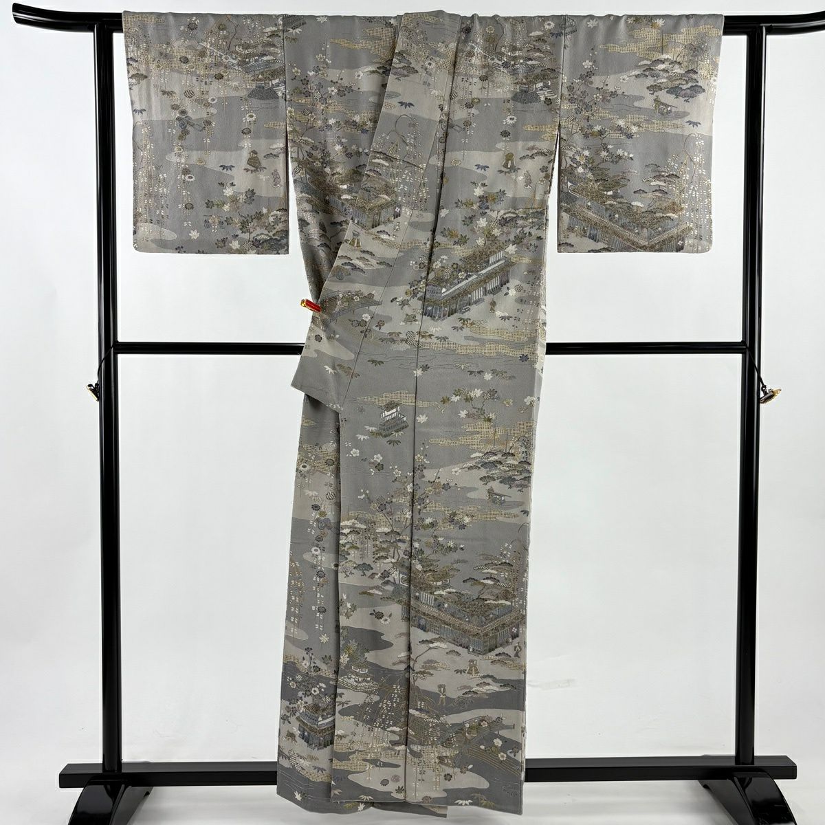 訪問服 身長160cm 袖長62.5cm S 雙層 建物 松樹竹子梅花 刺繡 金糸 灰 純蠶絲 逸品級