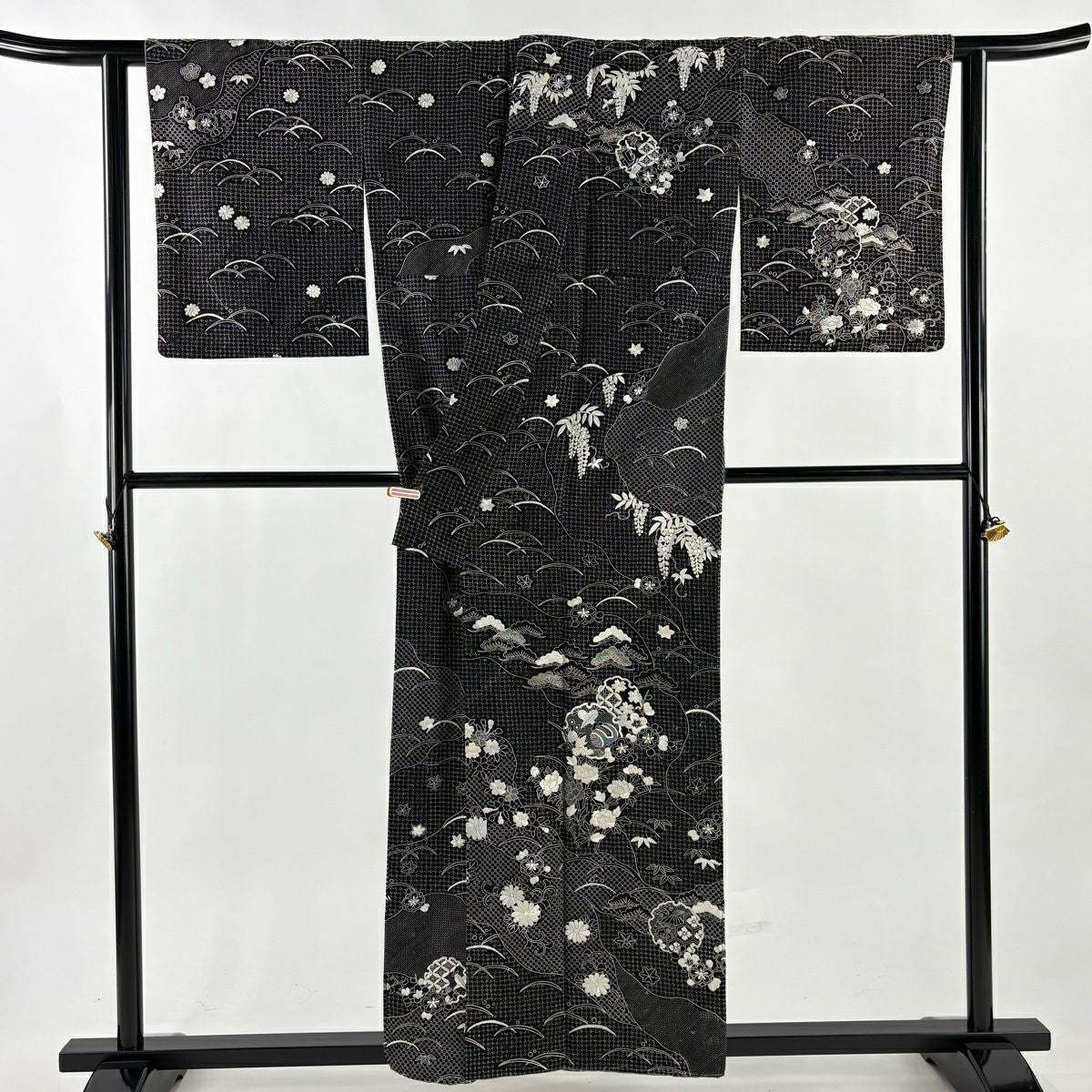 訪問服 身長156cm 袖長63cm S 雙層 雪輪 松樹竹子梅花 刺繡 黑 純蠶絲 逸品級