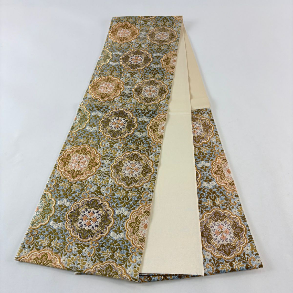 【美品】 袋帶 名品級 藤花壽柏紋樣 金絲 金金箔 水藍色 六通 純蠶絲