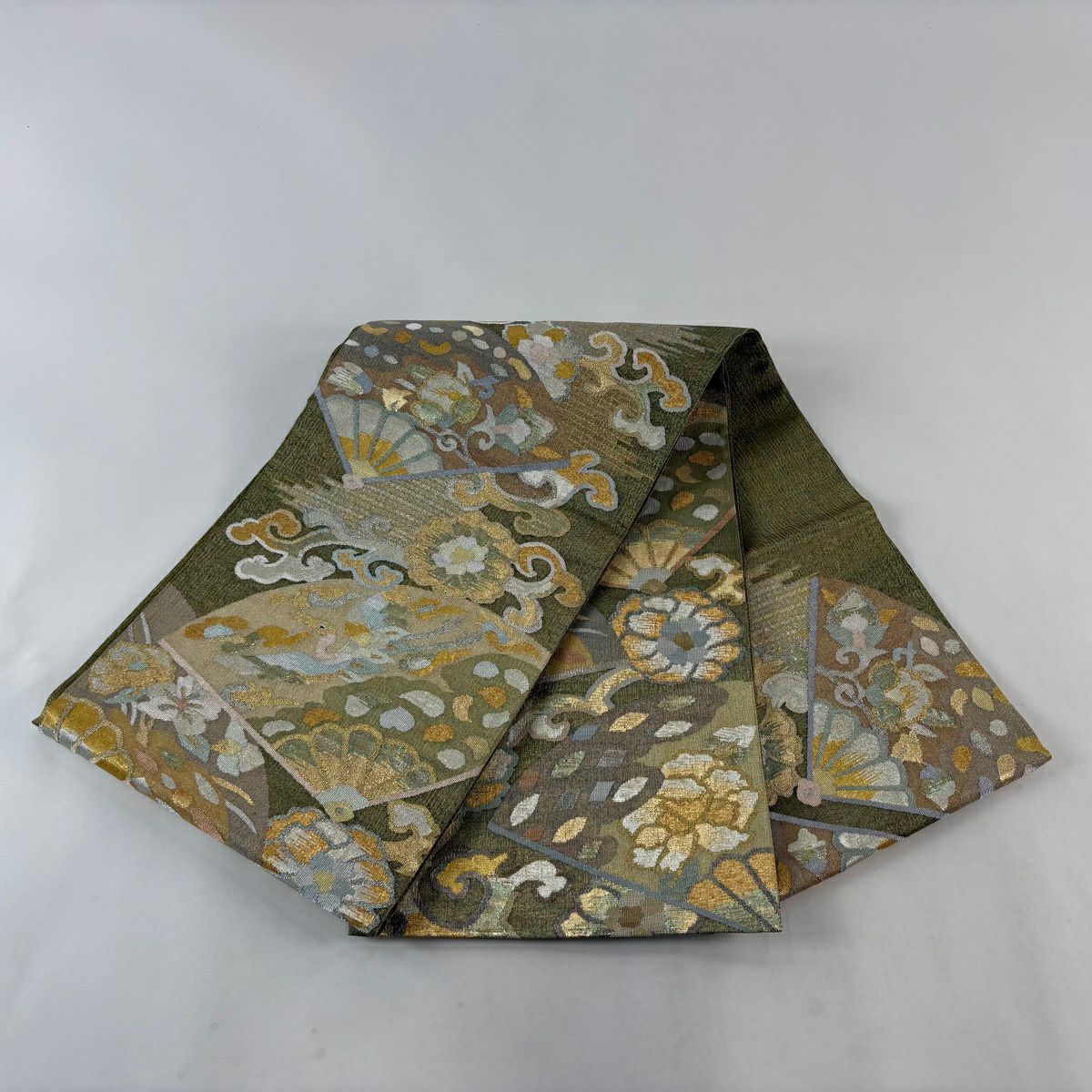 【美品】 袋帶 名品級 鈴乃屋 扇子 鳥 金絲 綴 灰綠 六通 純蠶絲