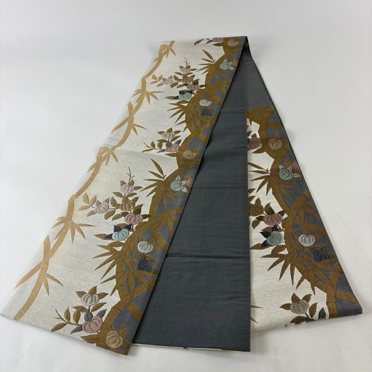 【美品】 袋帶 名品級 橘 竹子 金絲 米色 六通 純蠶絲