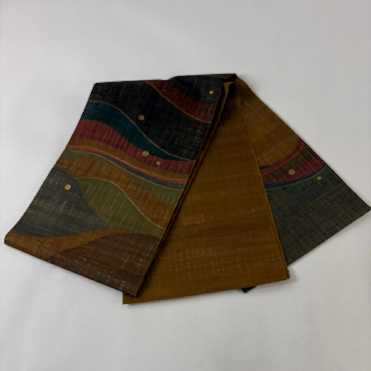 【美品】 袋帶 名品級 渡文 落款あり 幾何學圖案 金銀彩 金金箔 茶 お太鼓圖案 純蠶絲