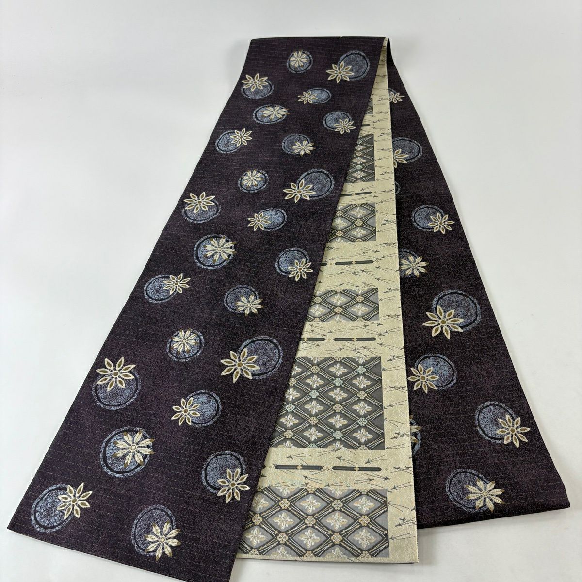 【美品】 袋帶 名品級 花 圓紋 金金箔 深紫 全通 純蠶絲