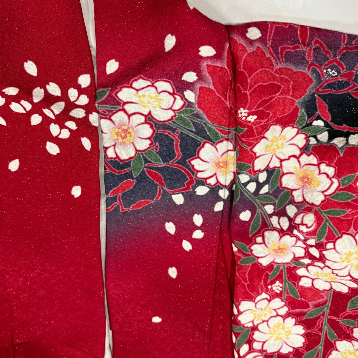 【美品】振袖禮服 身長165cm 袖長71cm L 雙層 草花紋紋 花瓣 金絲 銀彩 紅 純蠶絲 名品級