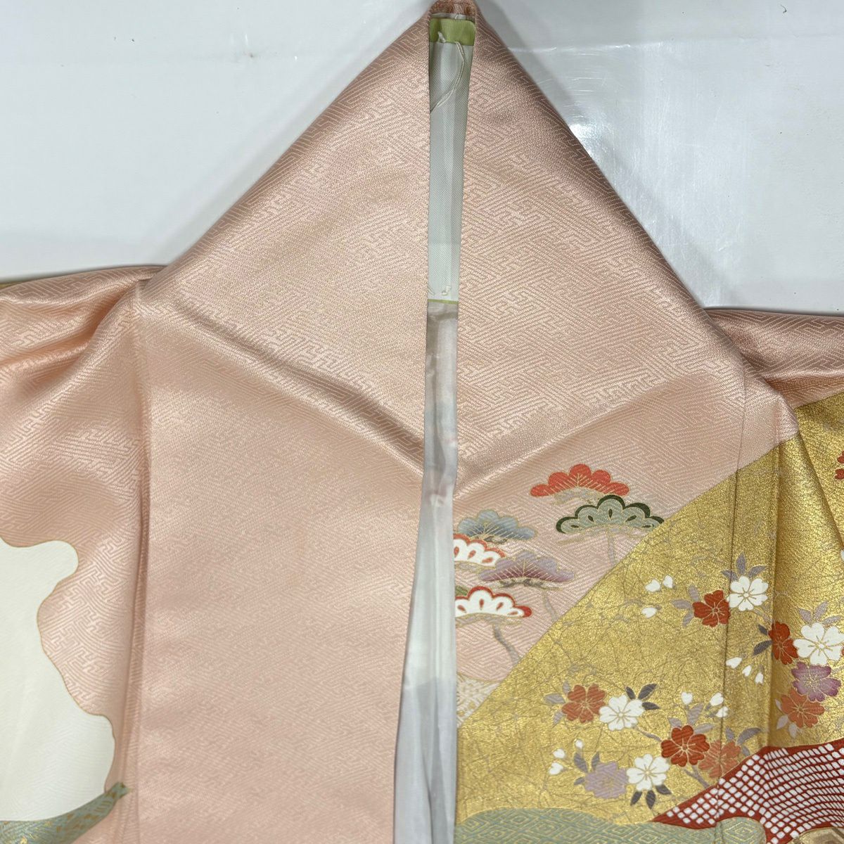 訪問服 身長158.5cm 袖長65cm M 雙層 雪輪 松樹竹子梅花 金絲 金銀彩 淺粉色 純蠶絲 名品級