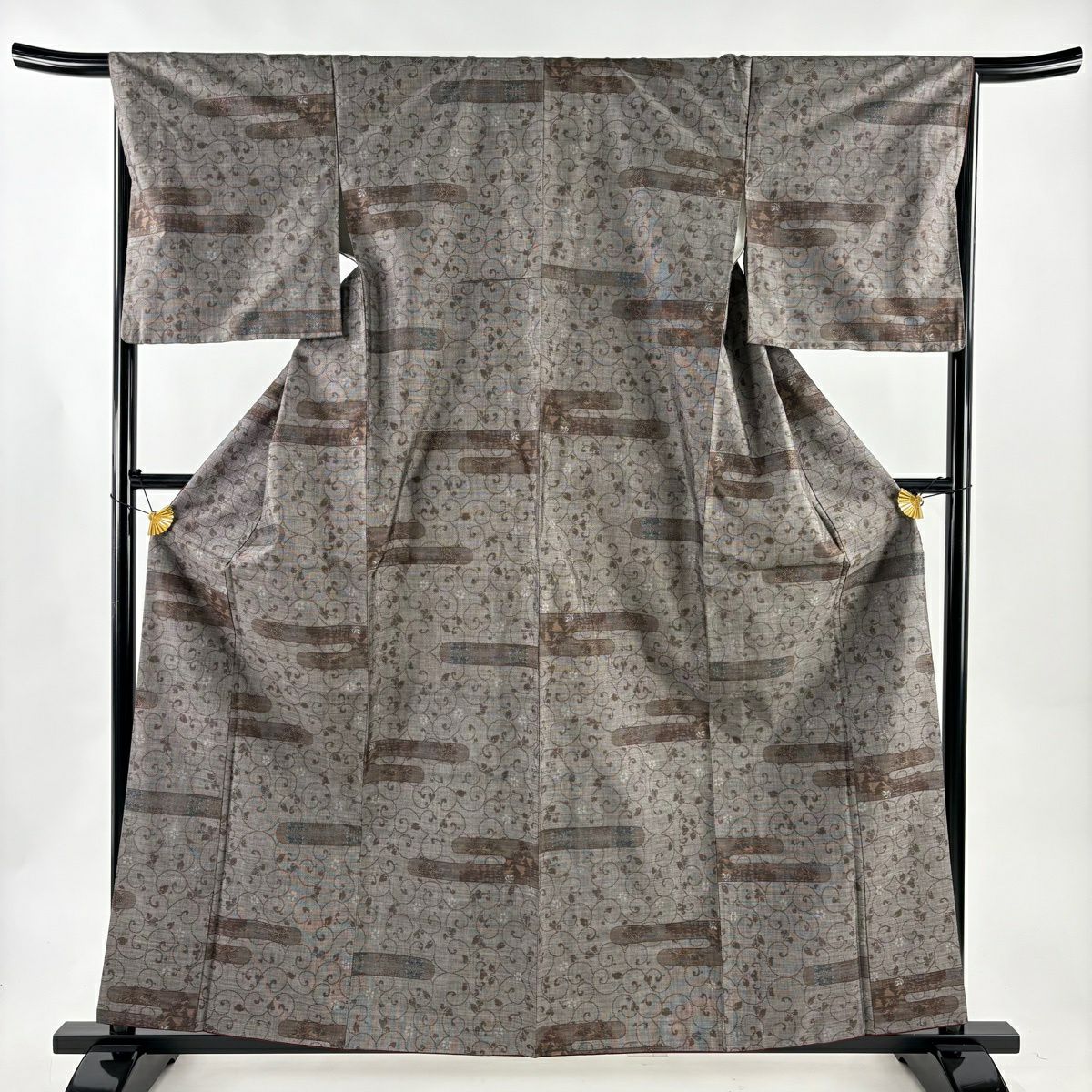 【美品】 紬織織 身長160cm 袖長66cm M 雙層 ヱ霞 花唐草紋 茶 純蠶絲 名品級