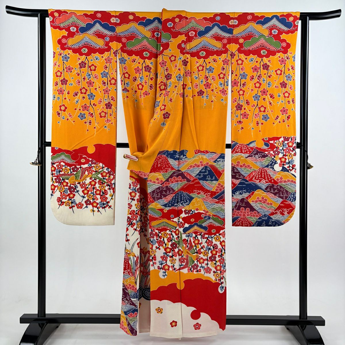 振袖禮服 身長157cm 袖長64.5cm M 雙層 松樹梅花 山並 縮緬 橙色 純蠶絲 逸品級 一個紋