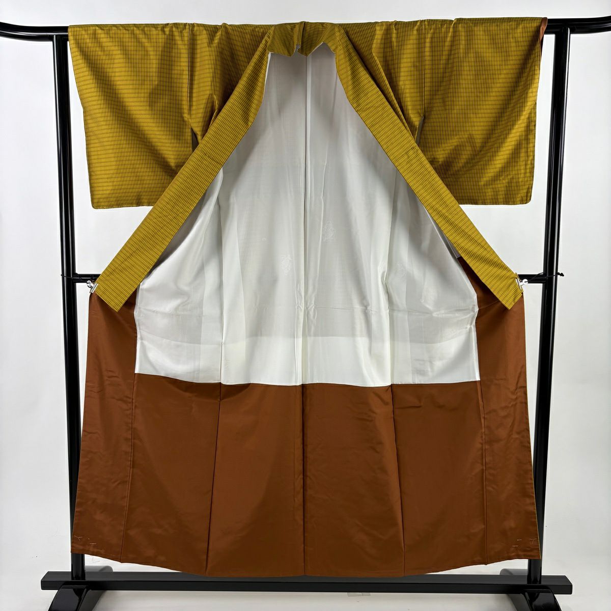 【美品】 紬織織 身長155.5cm 袖長62cm S 雙層 格子 芥末色 純蠶絲 逸品級