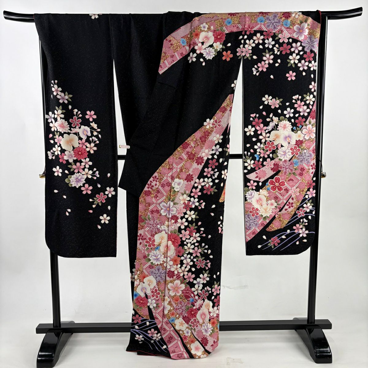 振袖禮服 身長170.5cm 袖長69cm L 雙層 櫻花 蝴蝶蘭 銀通 金絲 黑 純蠶絲 逸品級