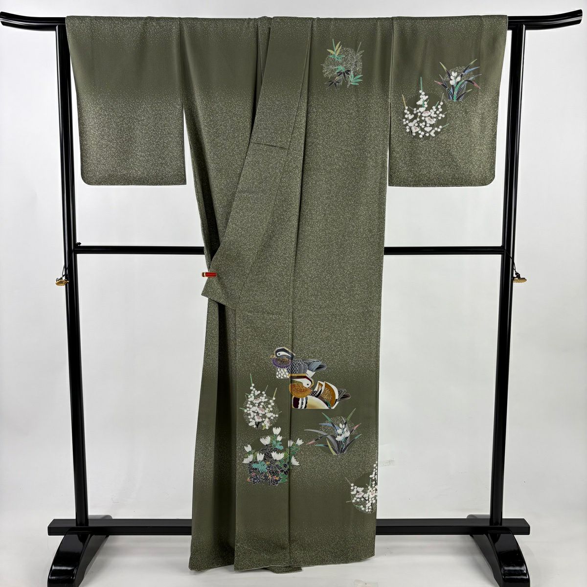 訪問服 身長164.5cm 袖長64cm M 雙層 TOKIOetTOKI 落款あり 鴛鴦 草花紋 金銀彩 灰綠 純蠶絲 逸品級