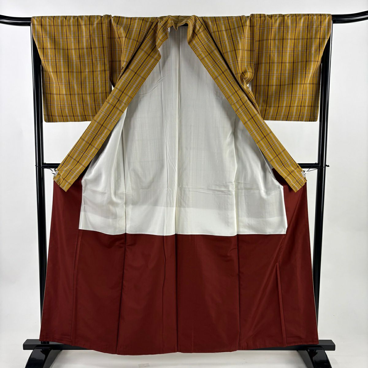 【美品】 紬織 身長161cm 袖長67.5cm L 雙層 格子 山吹茶 純蠶絲 逸品級
