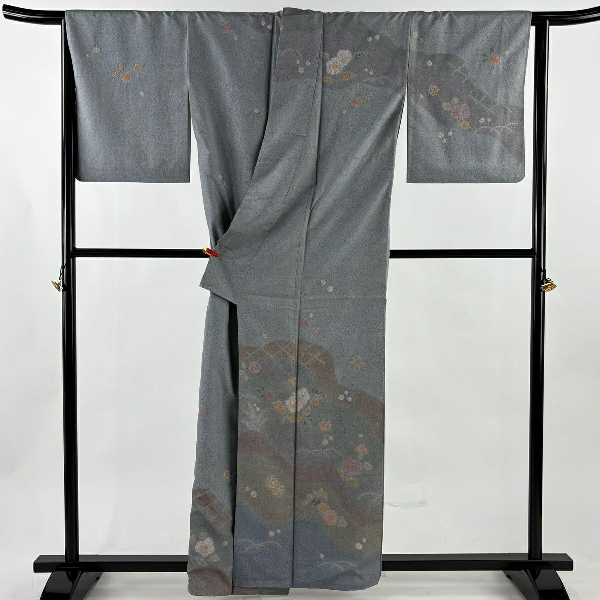 訪問服 身長160cm 袖長66cm M 雙層 牛首紬織織 地 落款あり 梅花 露芝 金銀彩 絞染 青灰 純蠶絲 逸品級 一つ紋