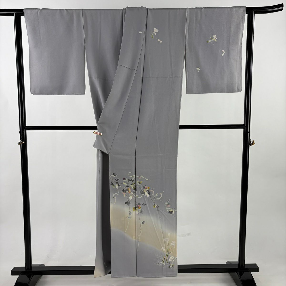 訪問服 身長156.5cm 袖長63cm S 雙層 百貫石峰 有落款 ほおずき 草花紋 染分 ぼかし 淡紫 純蠶絲 逸品級