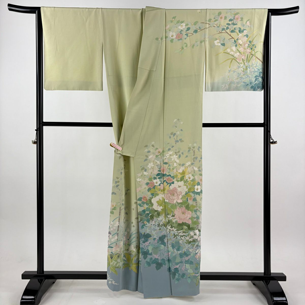 訪問服 身長160cm 袖長66.5cm M 雙層 落款有 牡丹 椿刺繡 金絲 淺綠 純蠶絲 逸品級