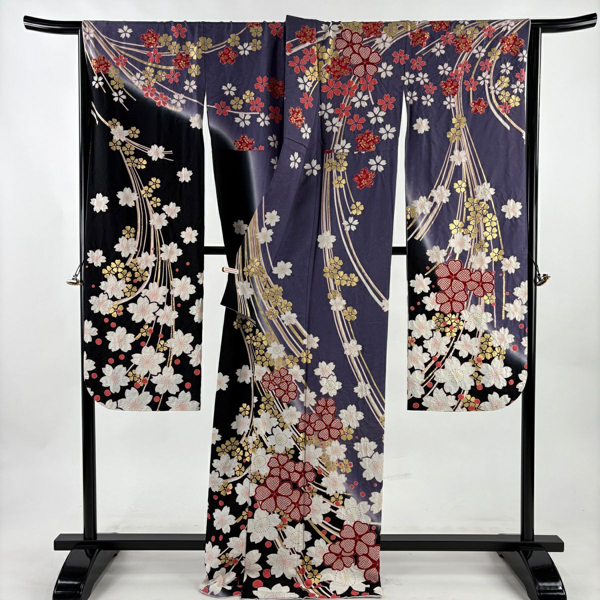 【美品】振袖禮服 身長170cm 袖長69cm L 雙層 櫻花 幾何圖案 銀通 金銀彩 紫 純蠶絲 逸品級