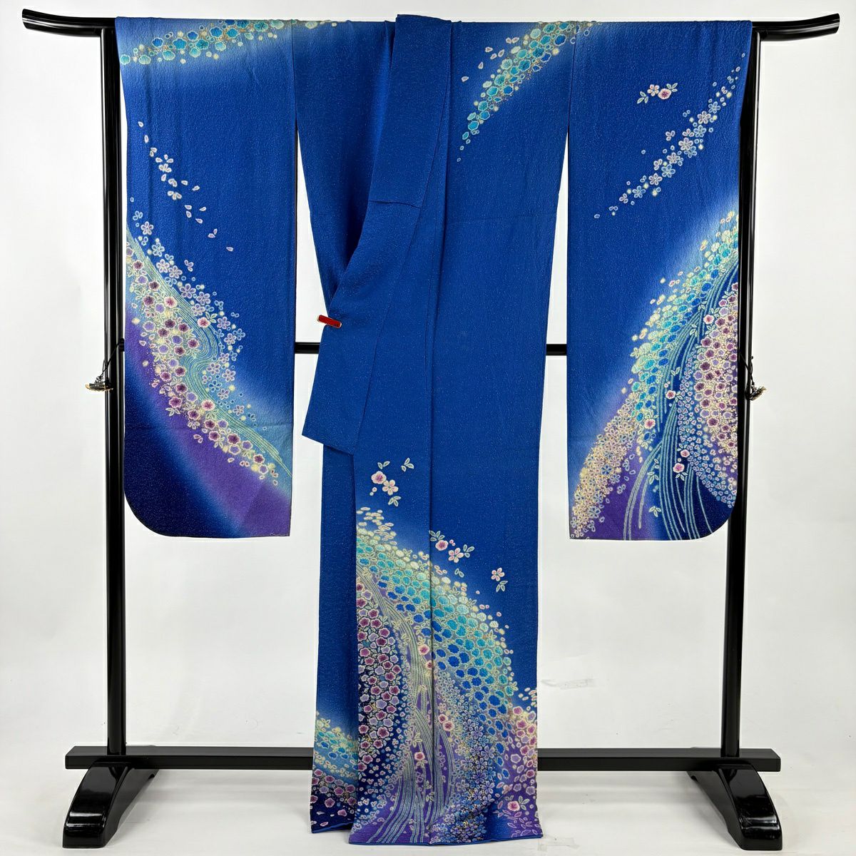 振袖禮服 身長171cm 袖長69cm L 雙層 草花紋紋 梅花 金通し 金銀彩 青 純蠶絲 逸品級