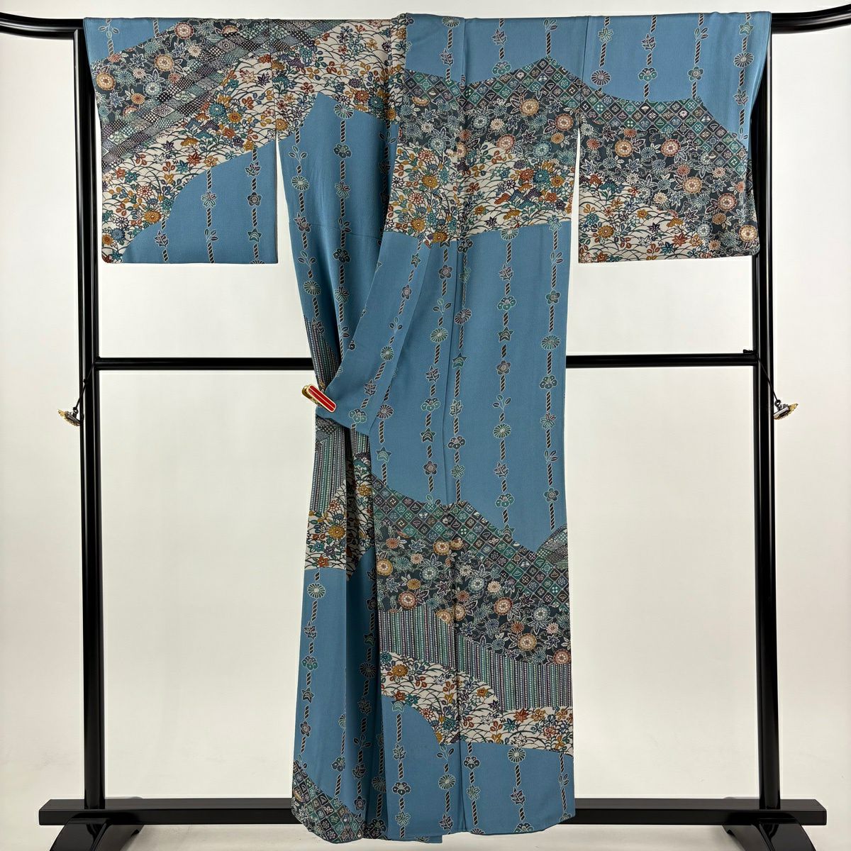 訪問服 身長153.5cm 袖長68cm L 雙層 五味桂子 落款あり 菊花唐草紋 縞 絞緬 水色 純蠶絲 逸品級
