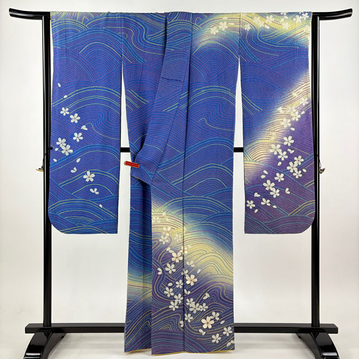 【美品】振袖禮服 身長161cm 袖長67cm M 雙層 鈴乃屋 櫻花 流水 銀通 金絲 藍 純蠶絲 逸品級