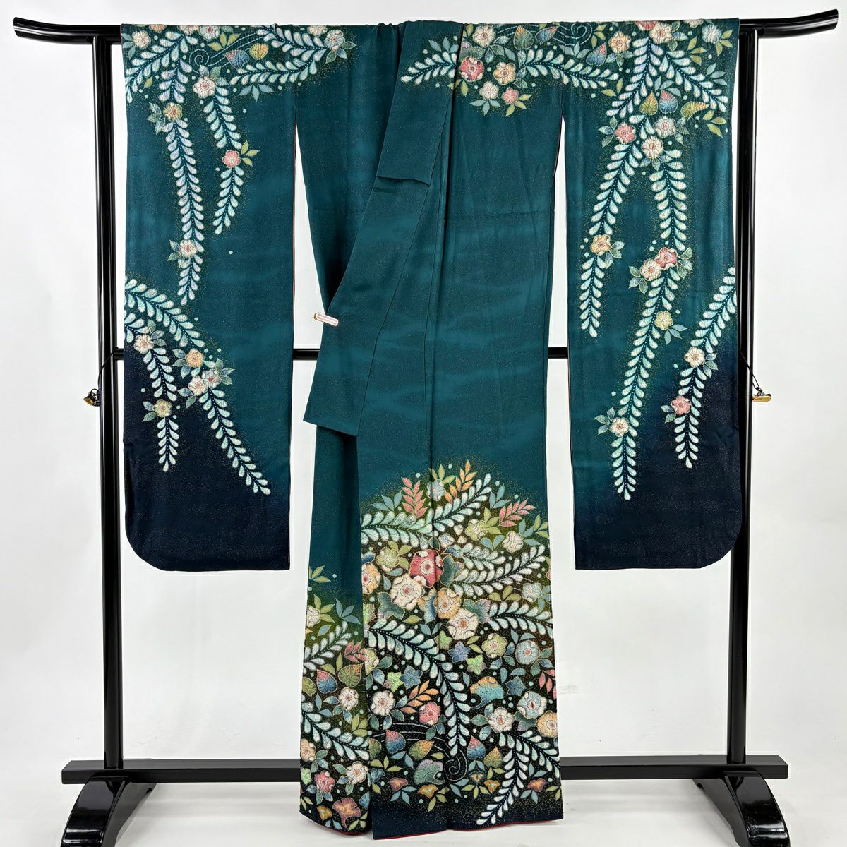 【美品】振袖禮服 身長162.5cm 袖長67cm M 雙層 翠山工房 落款あり 辻花染 霞 銀通し ぼかし 深綠 純蠶絲 逸品級
