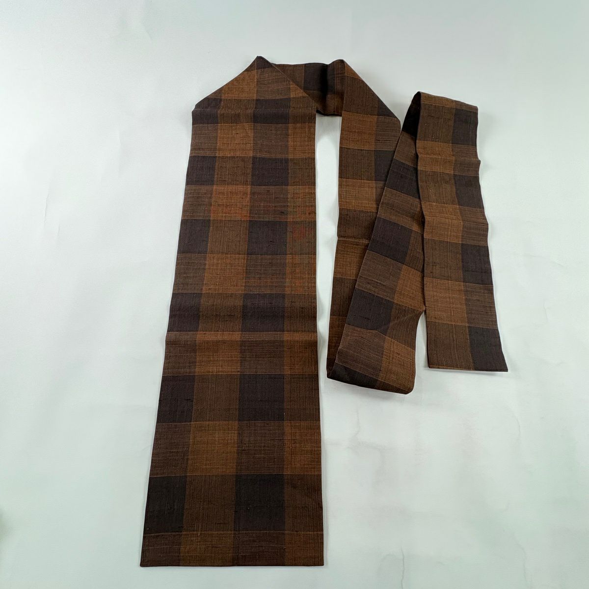 【美品】名古屋帶 逸品級 夏帶 格子 茶 純蠶絲