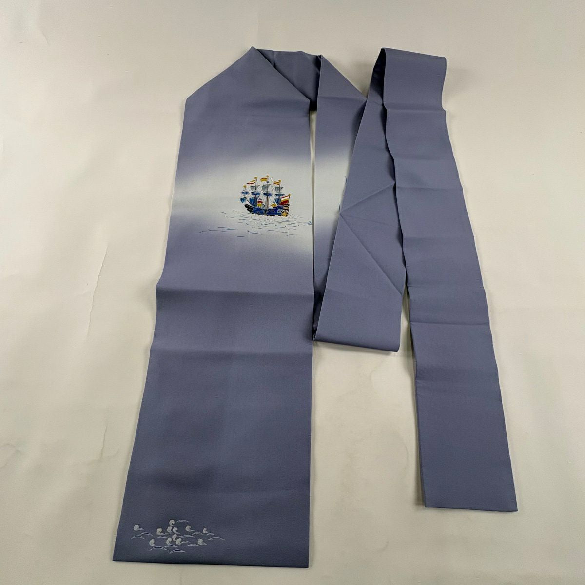 【美品】名古屋帶 逸品級 船 人物 金彩裝飾 漸層 紫 純蠶絲