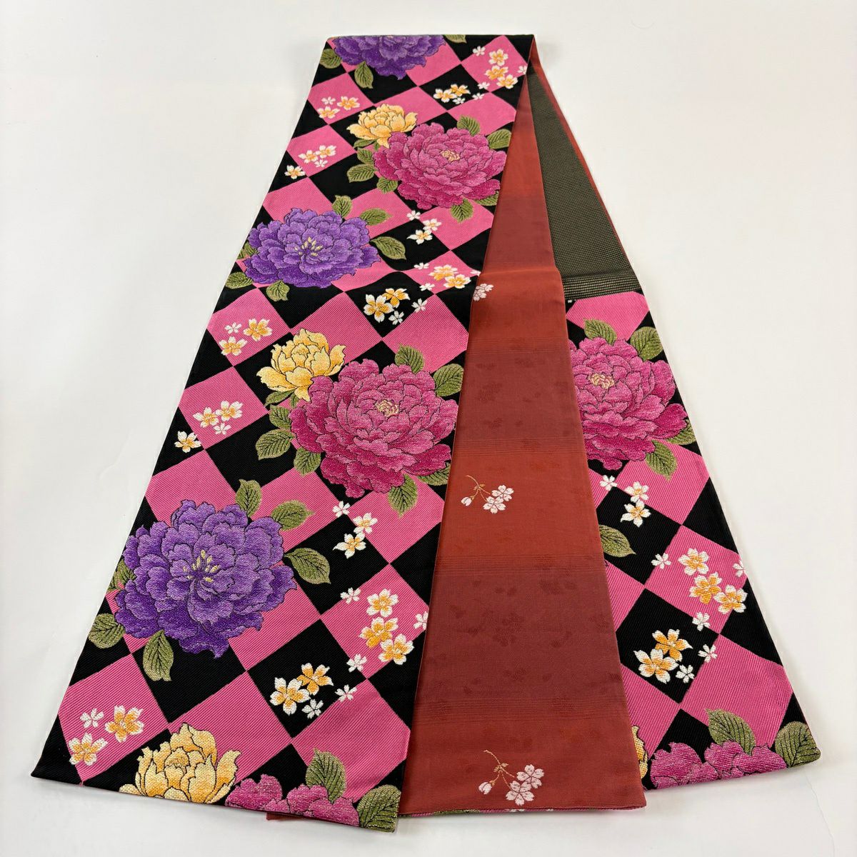 【美品】 袋帶 秀品級 牡丹 櫻花 金糸 金金箔 粉色 六通 純蠶絲