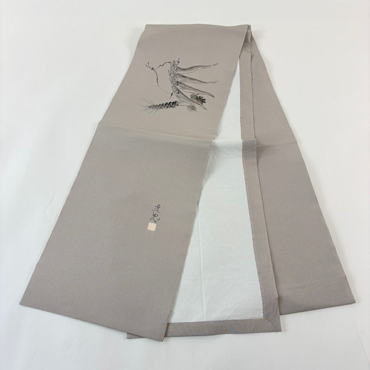 【美品】 開口名古屋帶 優品級 有落款 魚類 山葵 金銀彩 灰色 純蠶絲