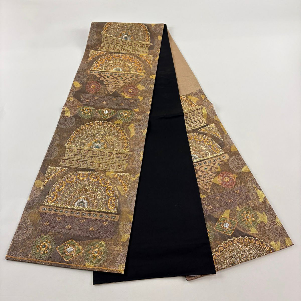 【美品】 袋帶 秀品級 幾何學 金金箔 焦茶 深藍 六通 純蠶絲