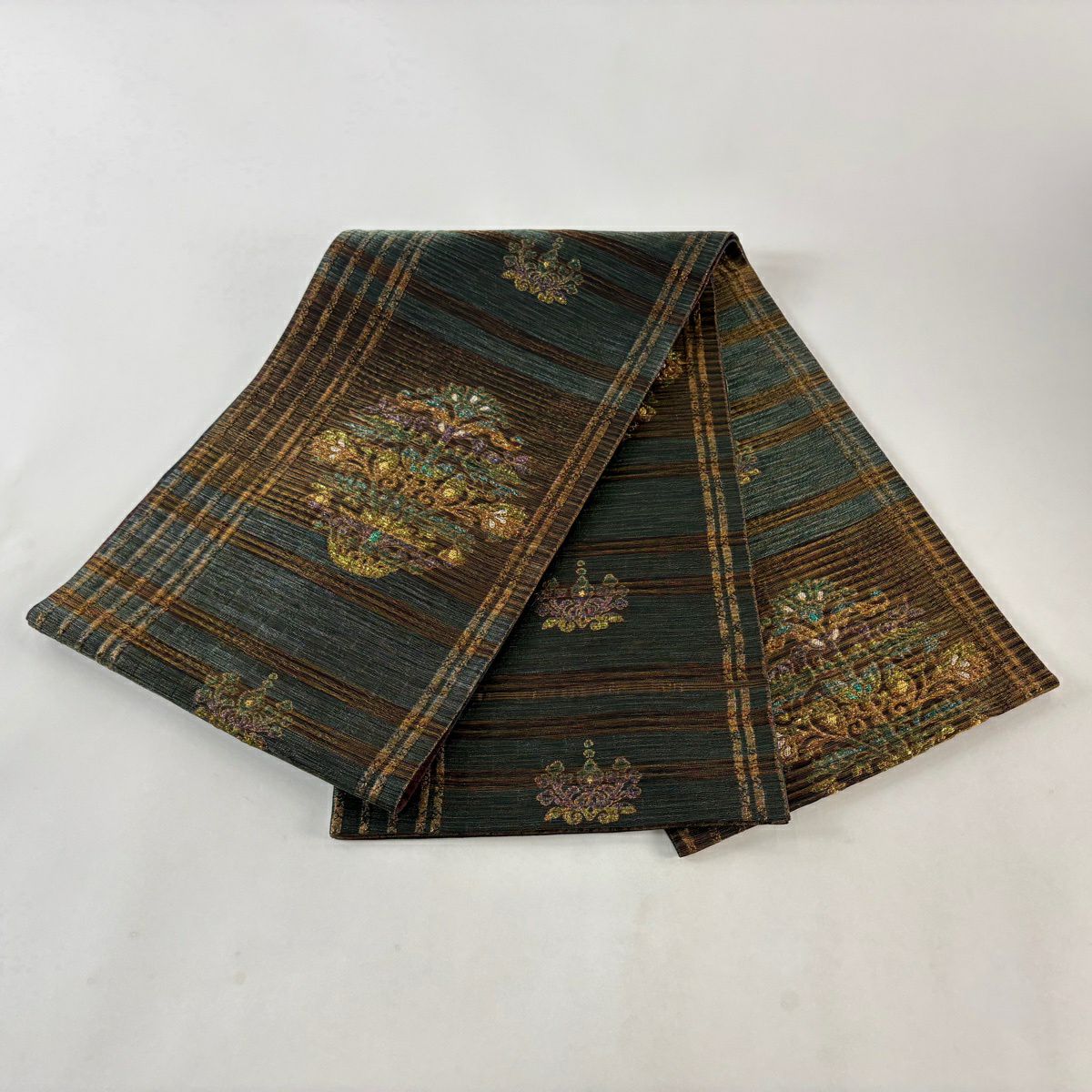 【美品】 袋帶 秀品級 草花紋紋 縞紋 金金箔 金絲 綠 六通 純蠶絲