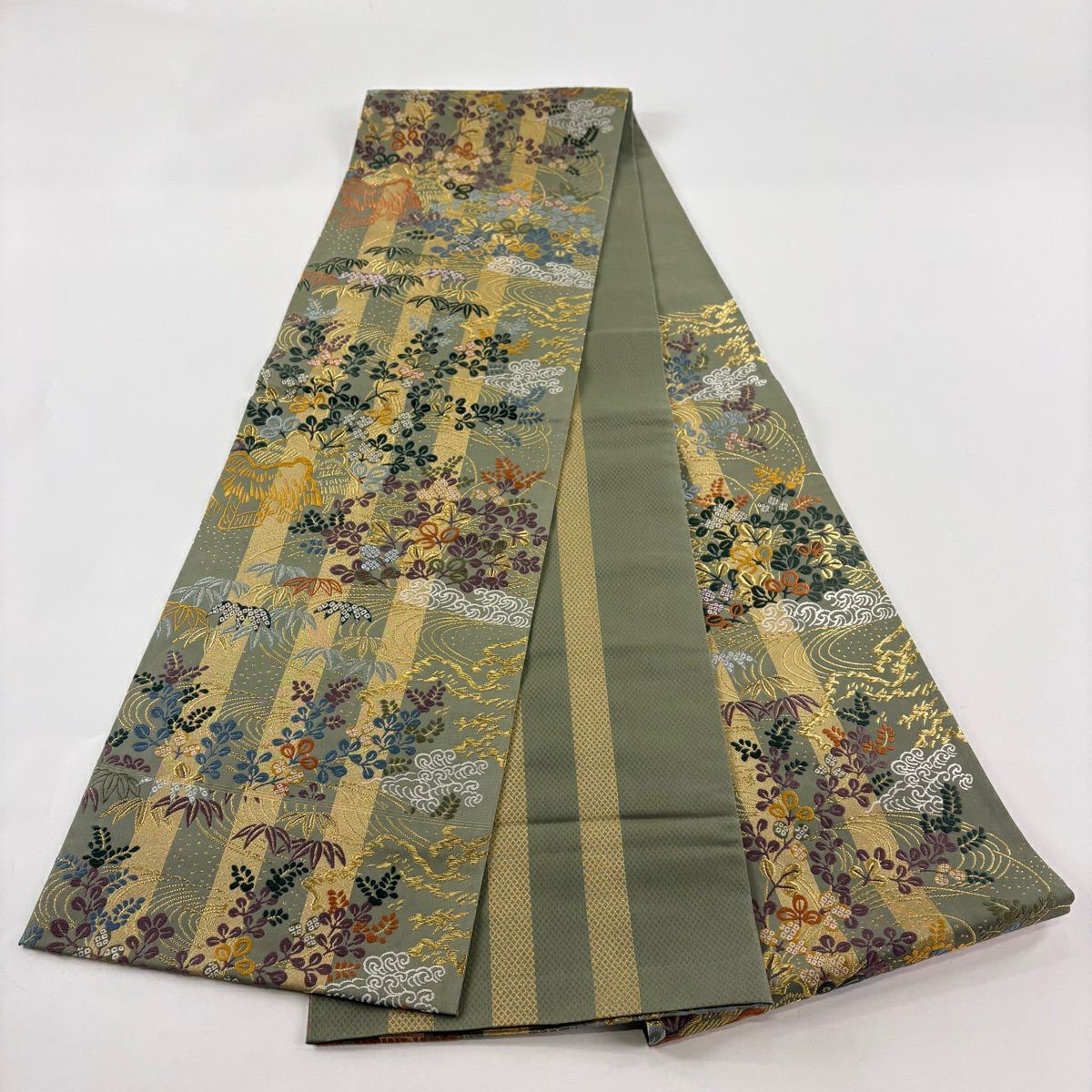 袋帶 秀品級 萩 建物 金絲 淺綠 六通 純蠶絲