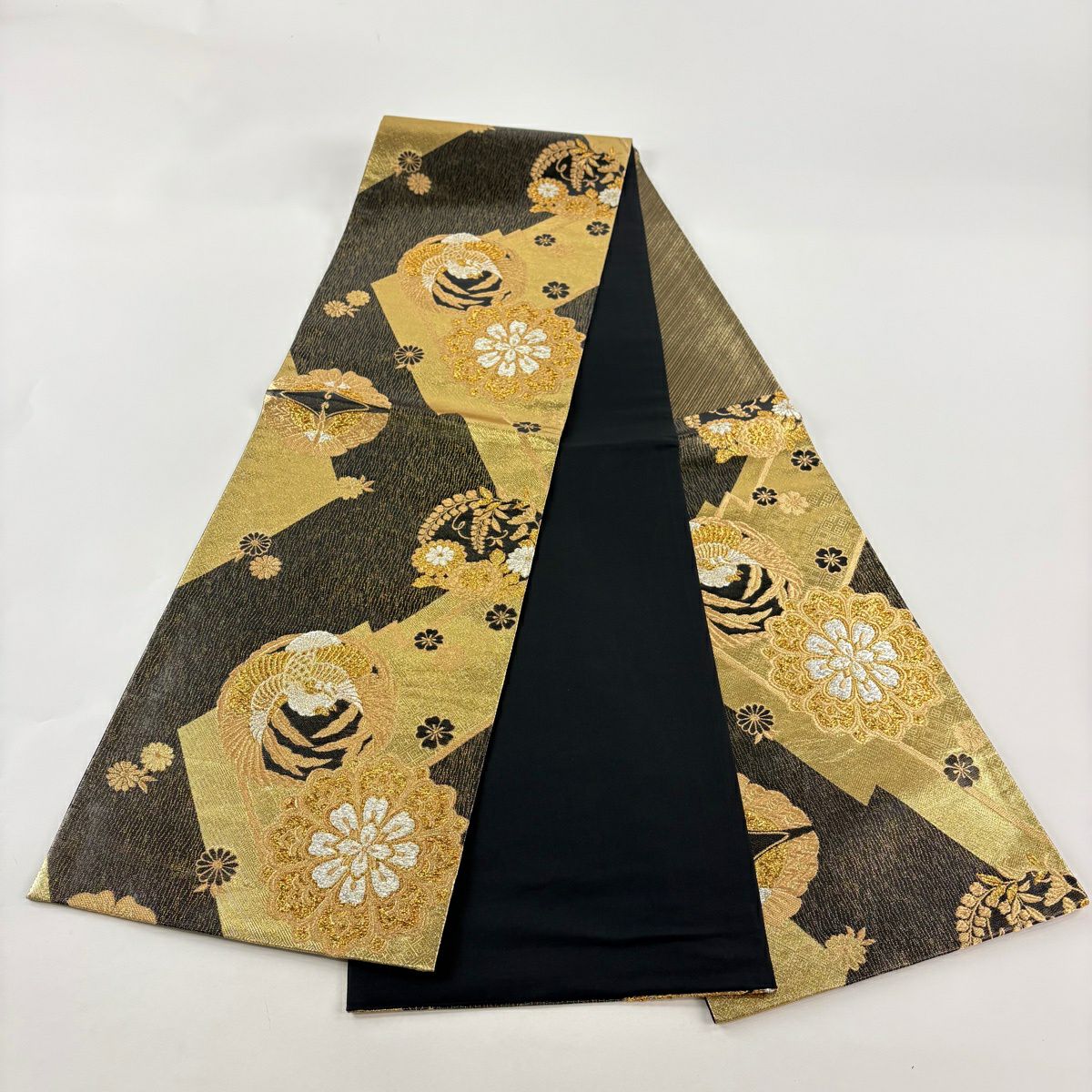 【美品】 袋帶 秀品級 華紋 花鳥 金金箔 金絲 黑 六通 純蠶絲