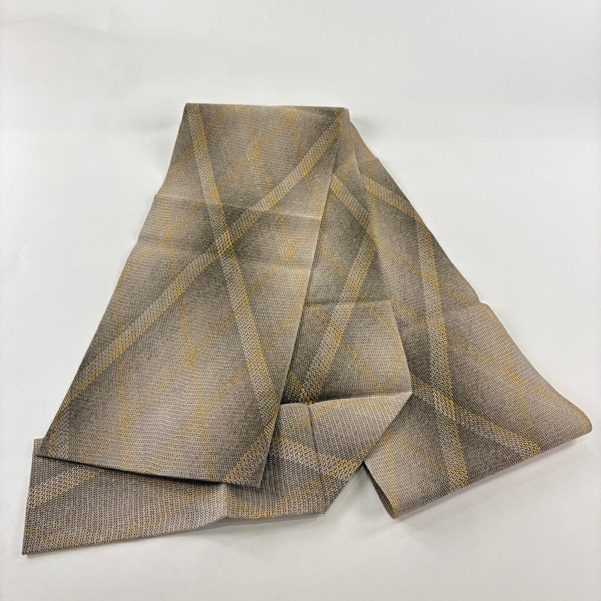 【美品】名古屋帶 秀品級 松樹葉仕立 八寸名古屋帶 幾何學 金銀彩 茶 純蠶絲