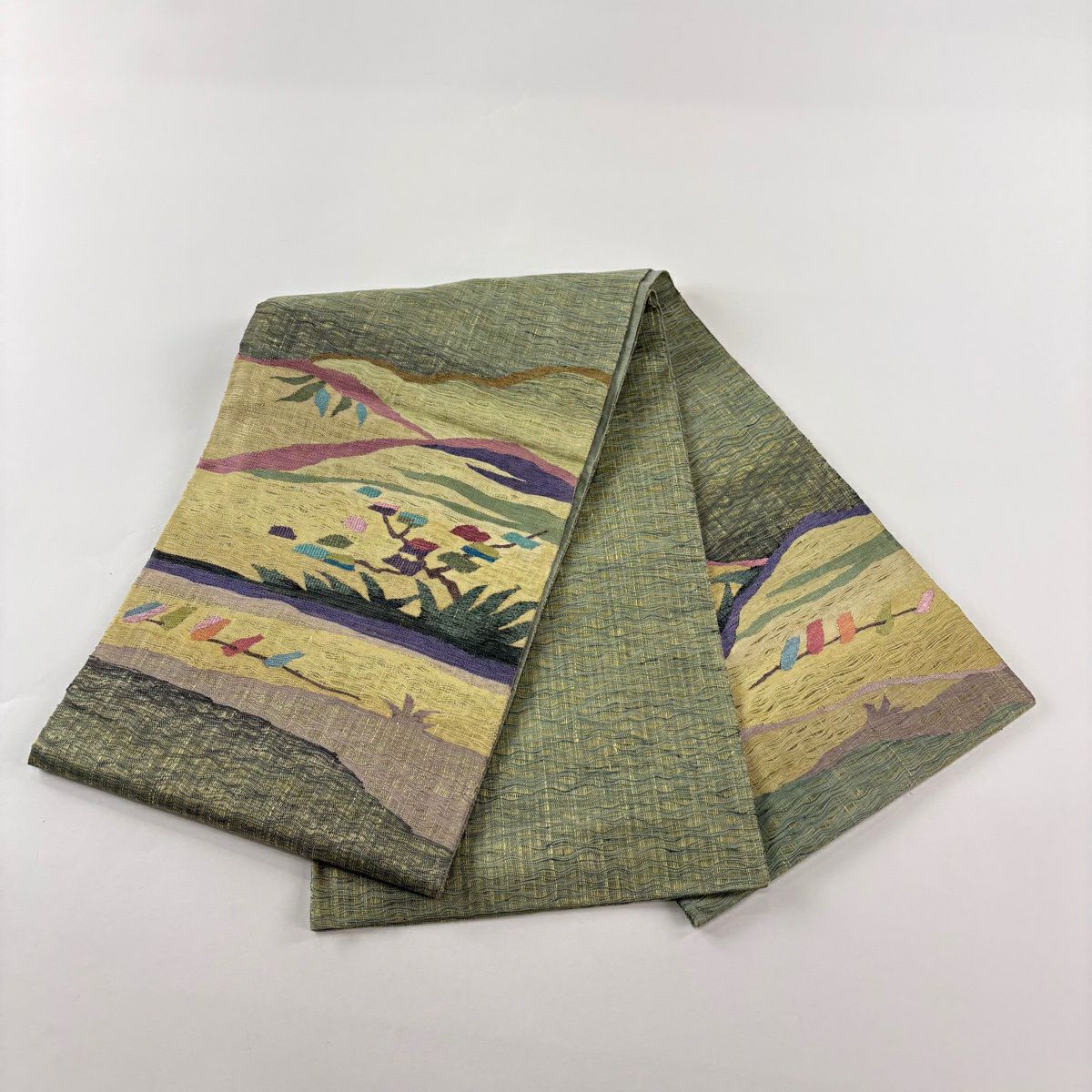 【美品】 袋帶 秀品級 樹木 葉紋 金銀線 黃綠 素材 純蠶絲