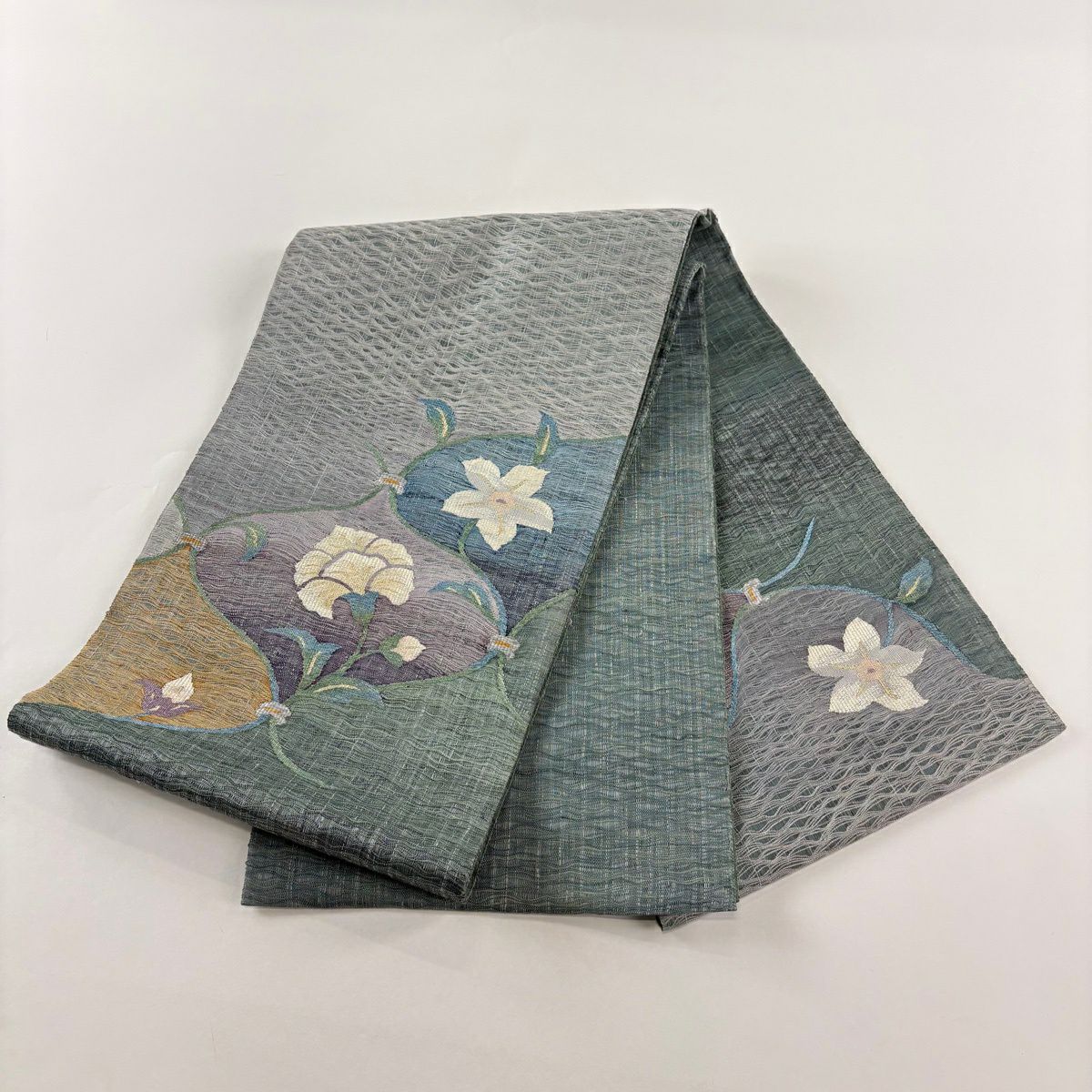袋帶 優品級 草花紋紋 金絲 拉麵絲 青綠色 大鼓圖案 純蠶絲