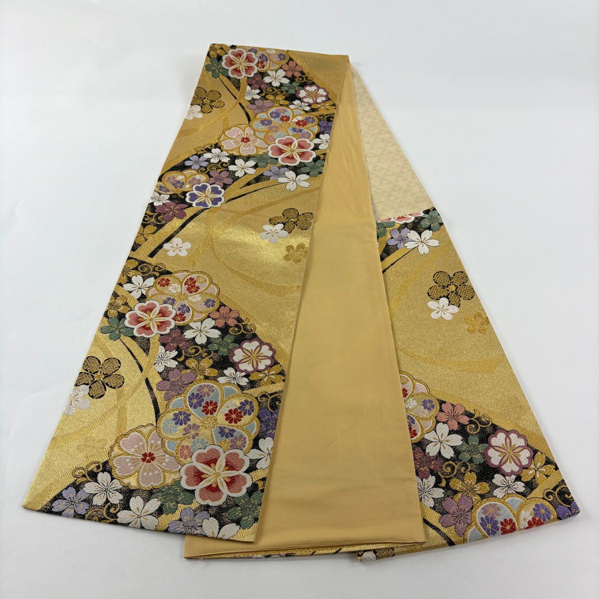 【美品】 袋帶 優品級 櫻花 菊花花 金絲 金金箔 金色 六通 純蠶絲
