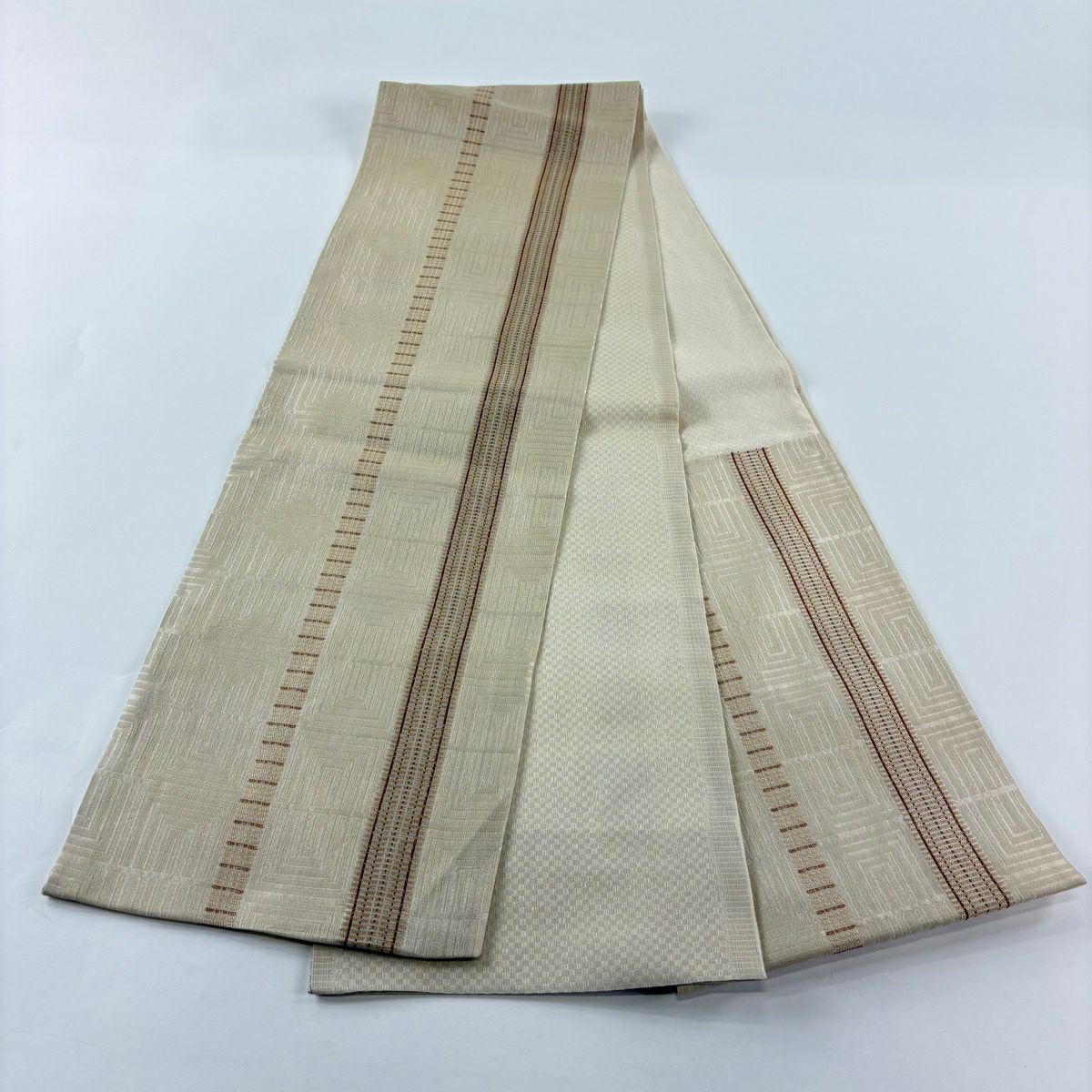 【美品】 袋帶 秀品級 幾何學 米色 六通 純蠶絲