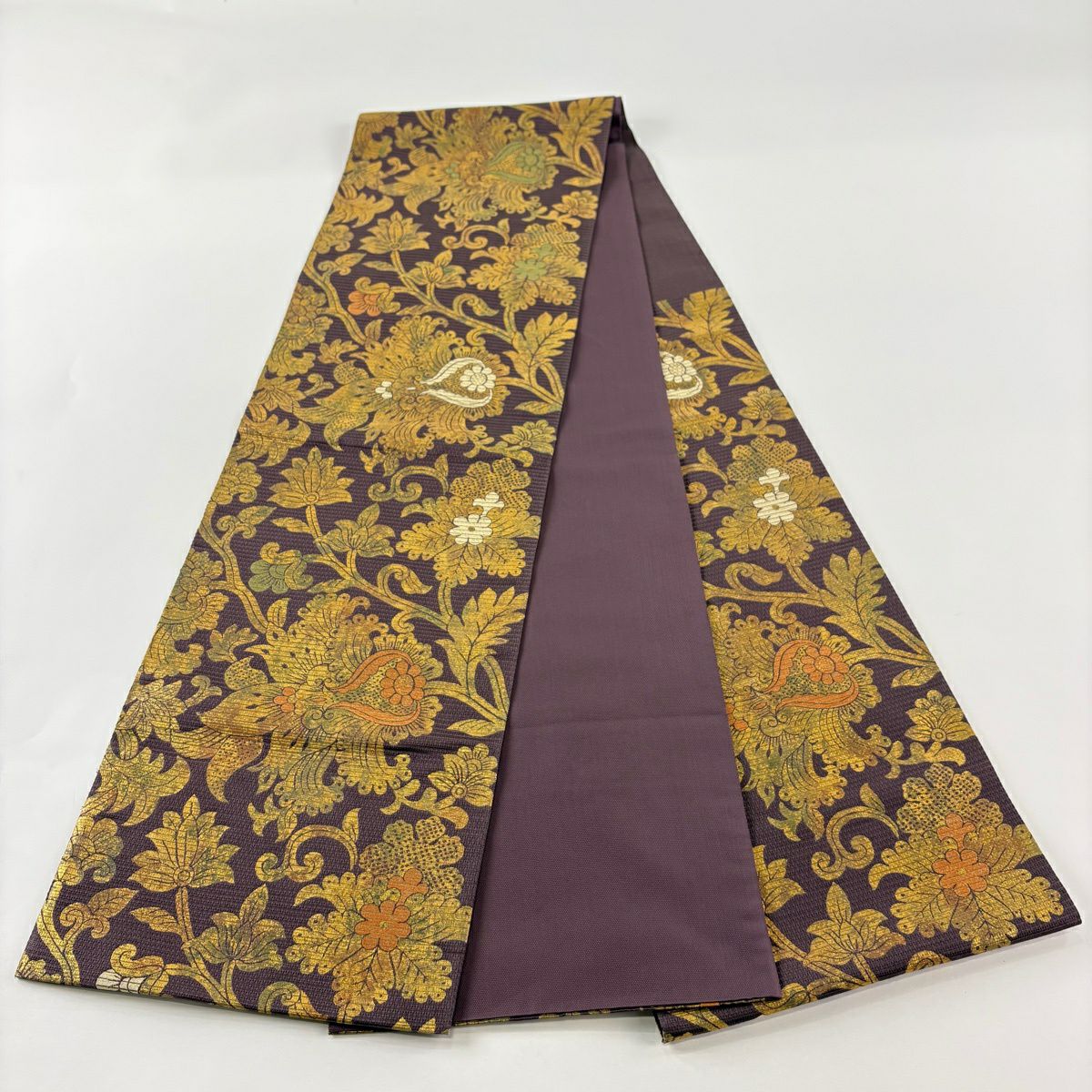 【美品】 袋帶 秀品級 草花紋紋 金金箔 金絲 紫色 六通 純蠶絲